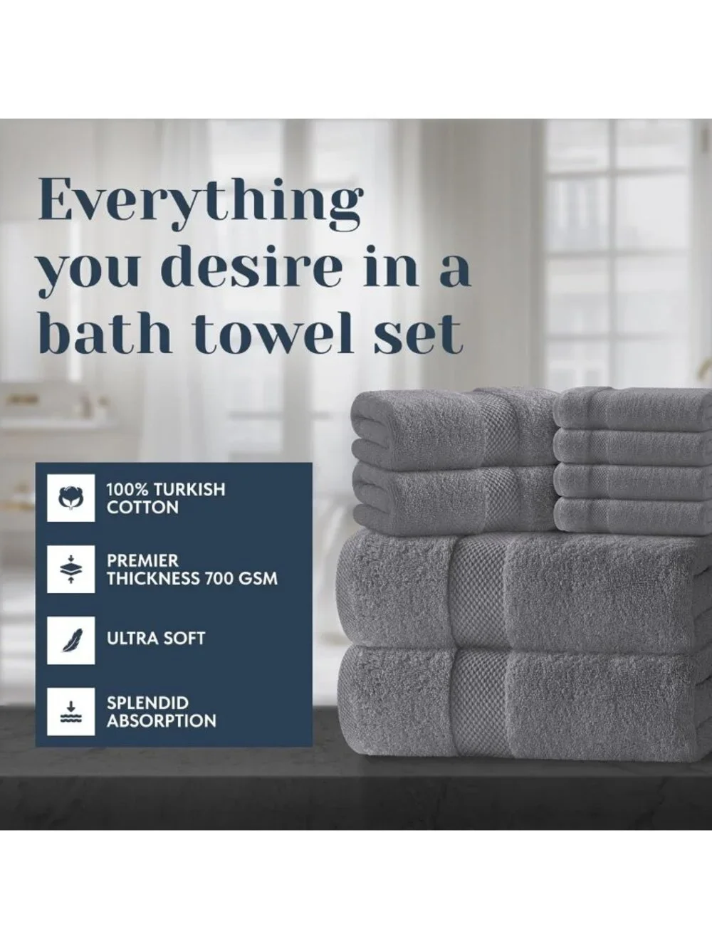 Luxury 8-Piece Bath Towel Set - 100% Turkish Cotton, Highly Absorbent, Soft